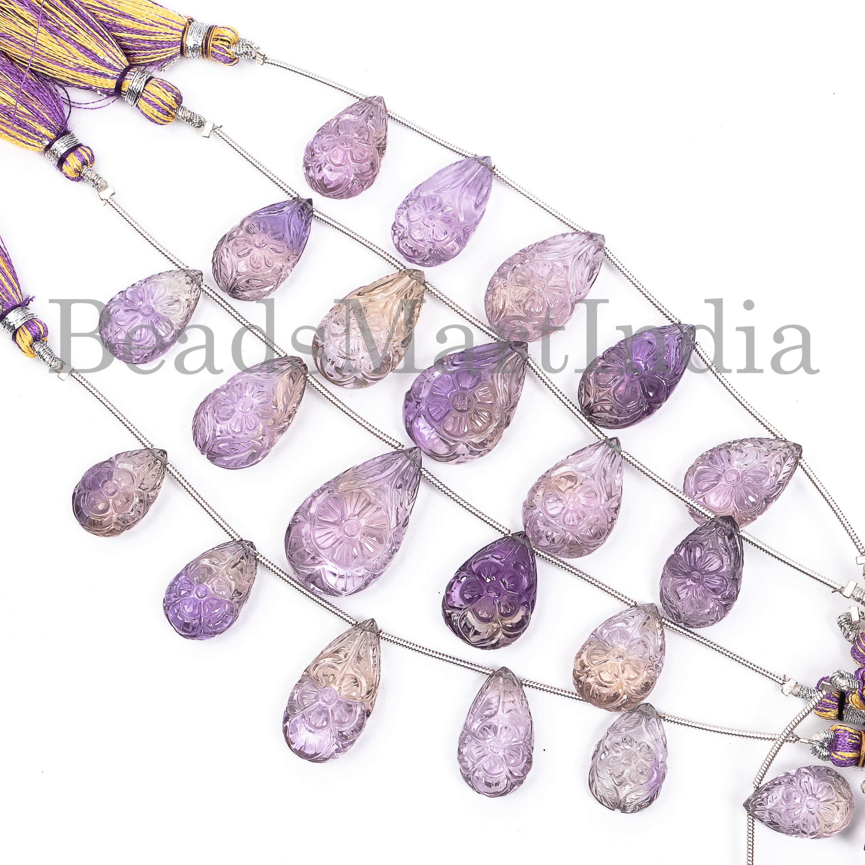 5pcs- Flower Carved Natural Ametrine Tear Drop Shape 9x14-13x22mm Bulk Beads 4" Strand