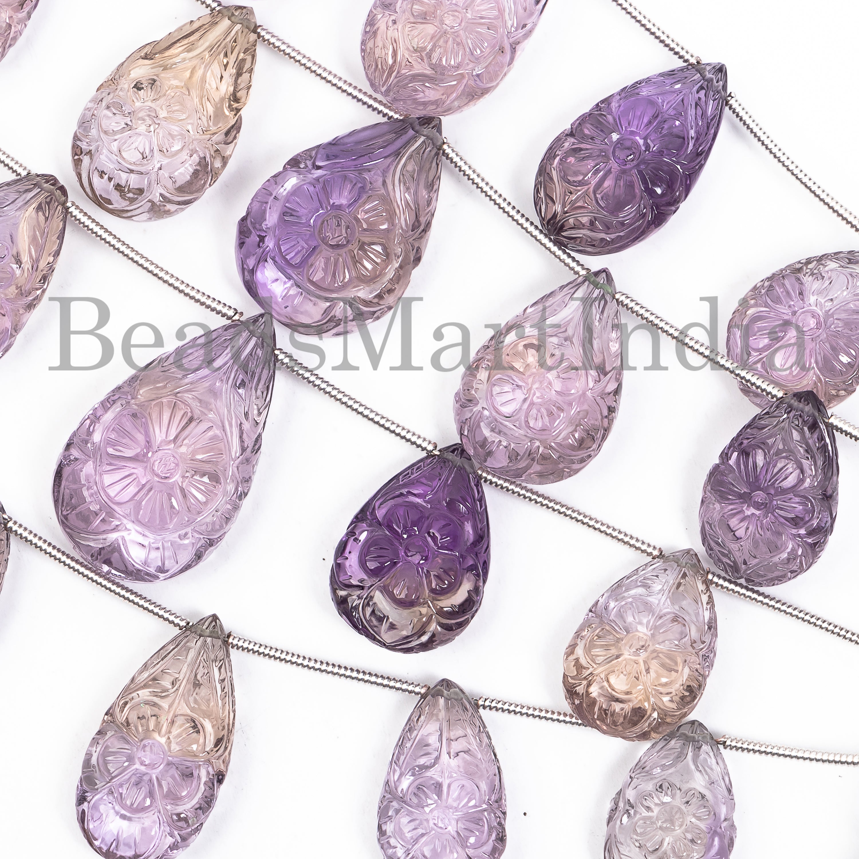 5pcs- Flower Carved Natural Ametrine Tear Drop Shape 9x14-13x22mm Bulk Beads 4" Strand