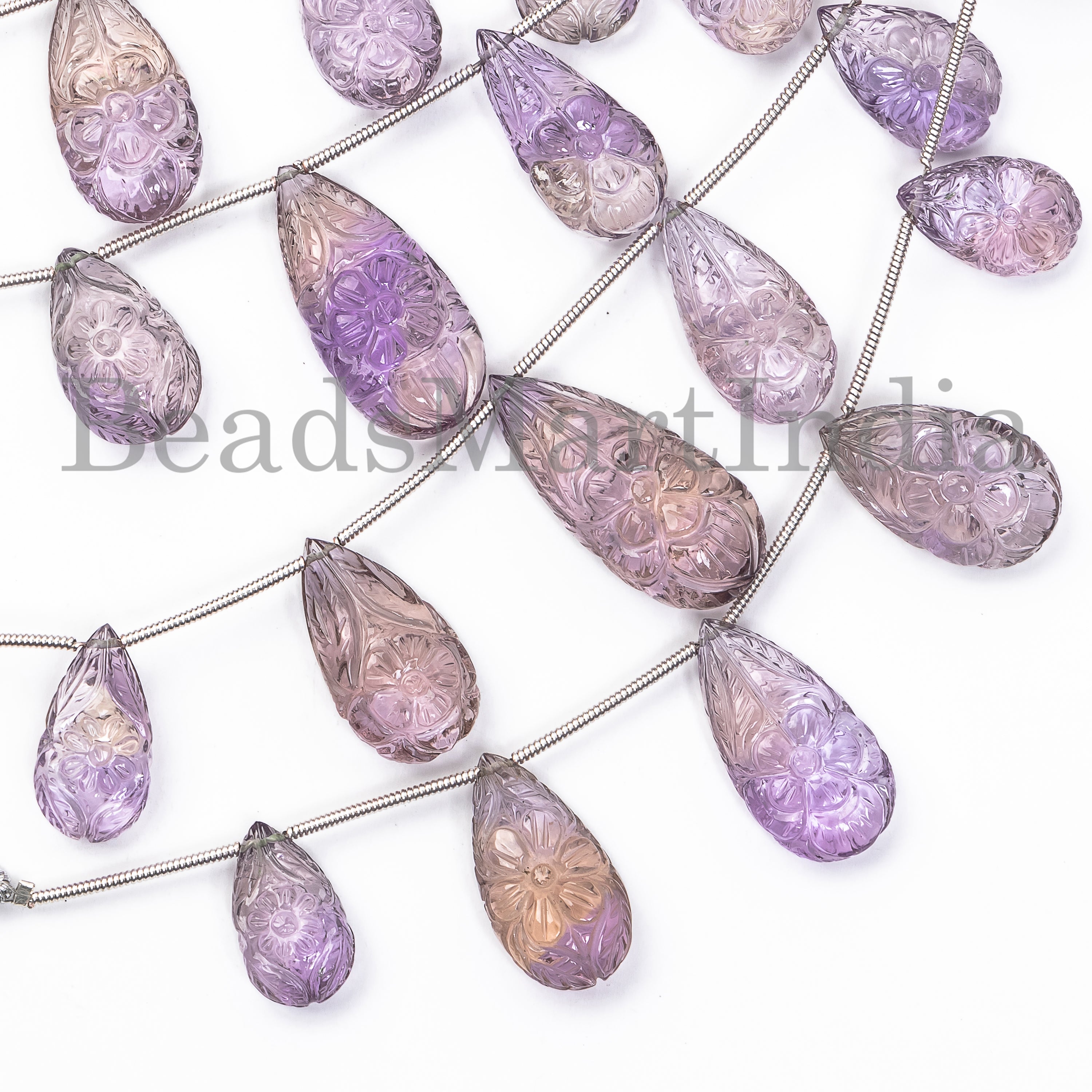 5pcs- Flower Carved Natural Ametrine Tear Drop Shape 9x14-13x22mm Bulk Beads 4" Strand