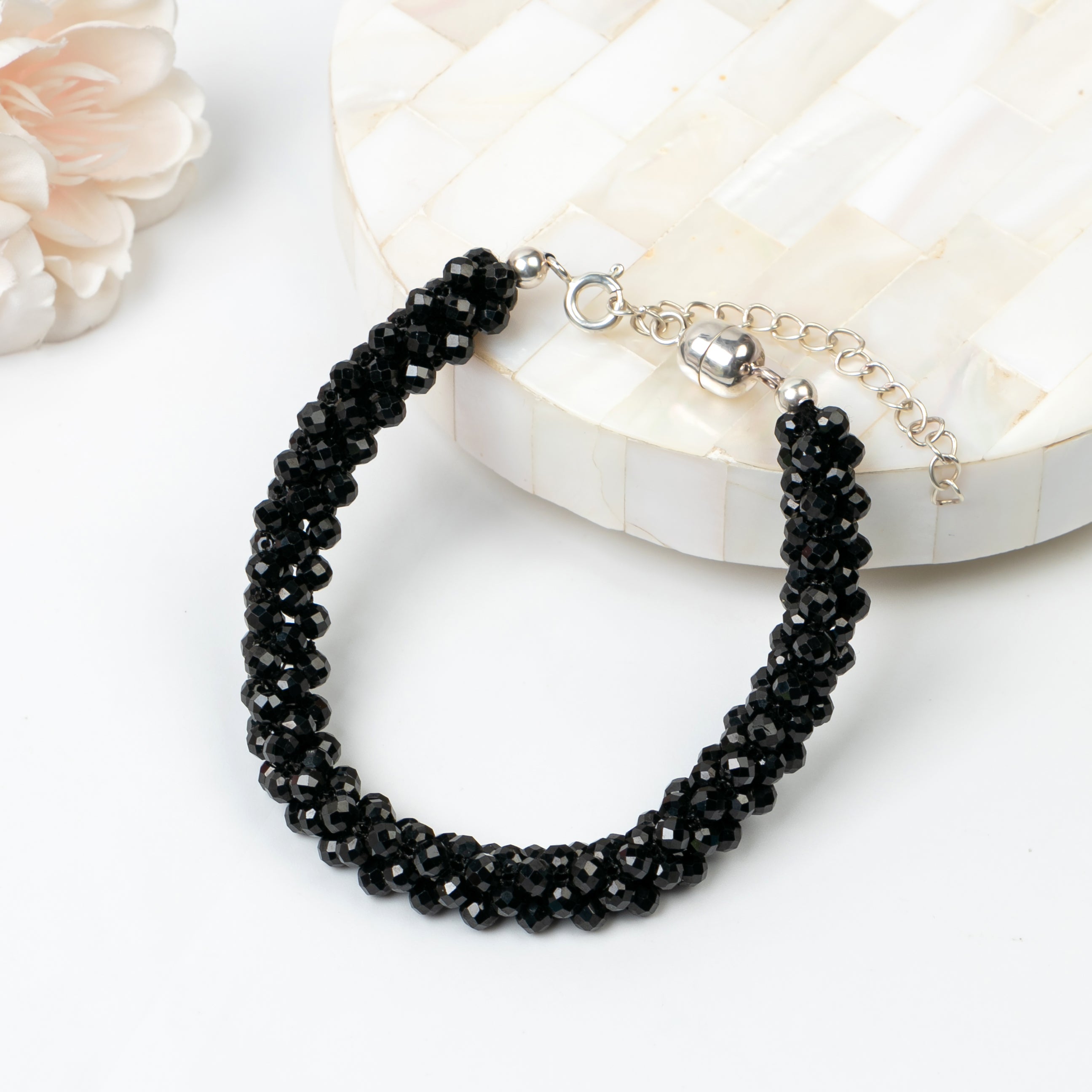 Natural Black Spinel Faceted Round Beaded Bracelet- Boho Look Unisex Hand Jewelry