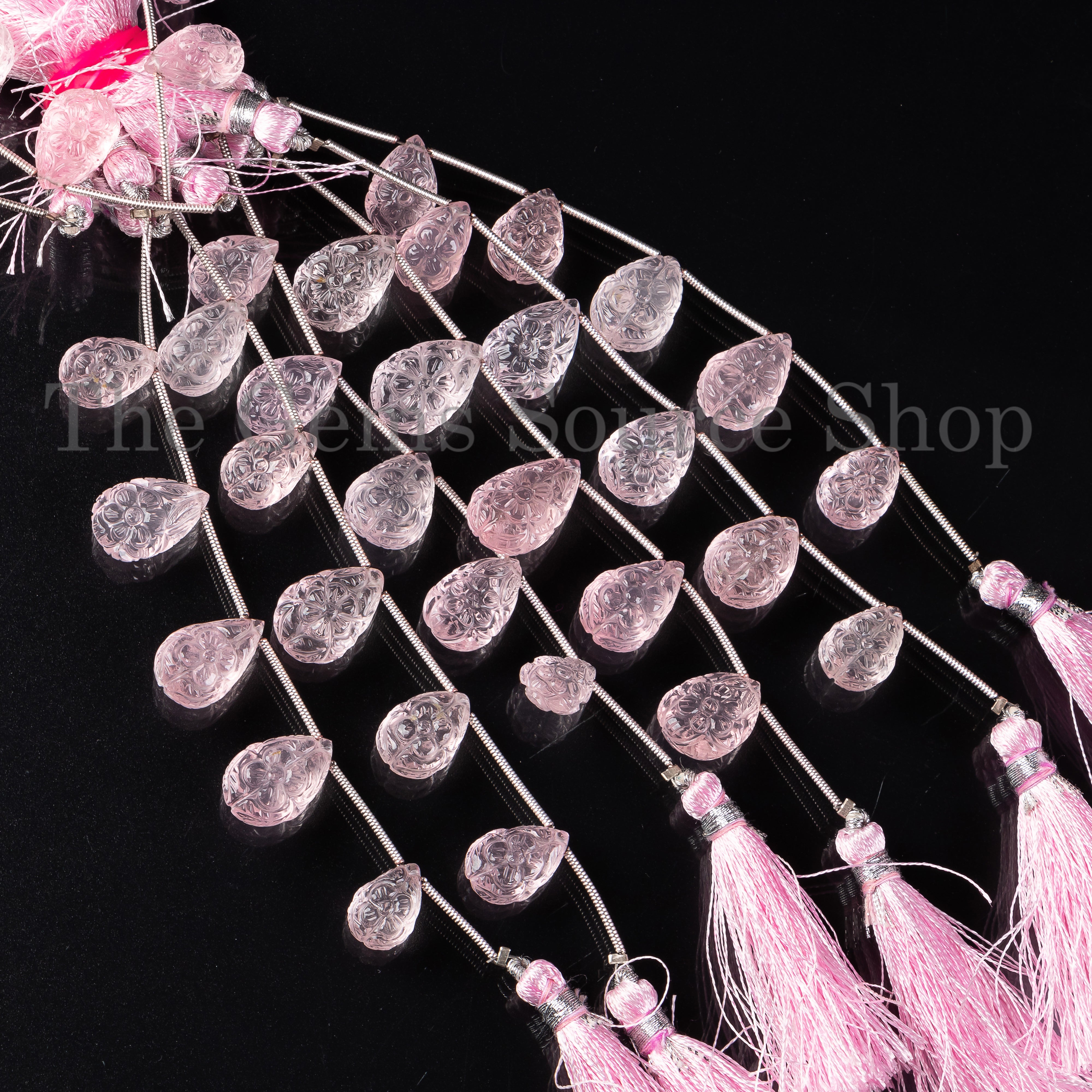 5pcs- Rose Quartz Flower Carved Pear Shape 8.5x12-11x15mm Gemstone Beads 4" Strand