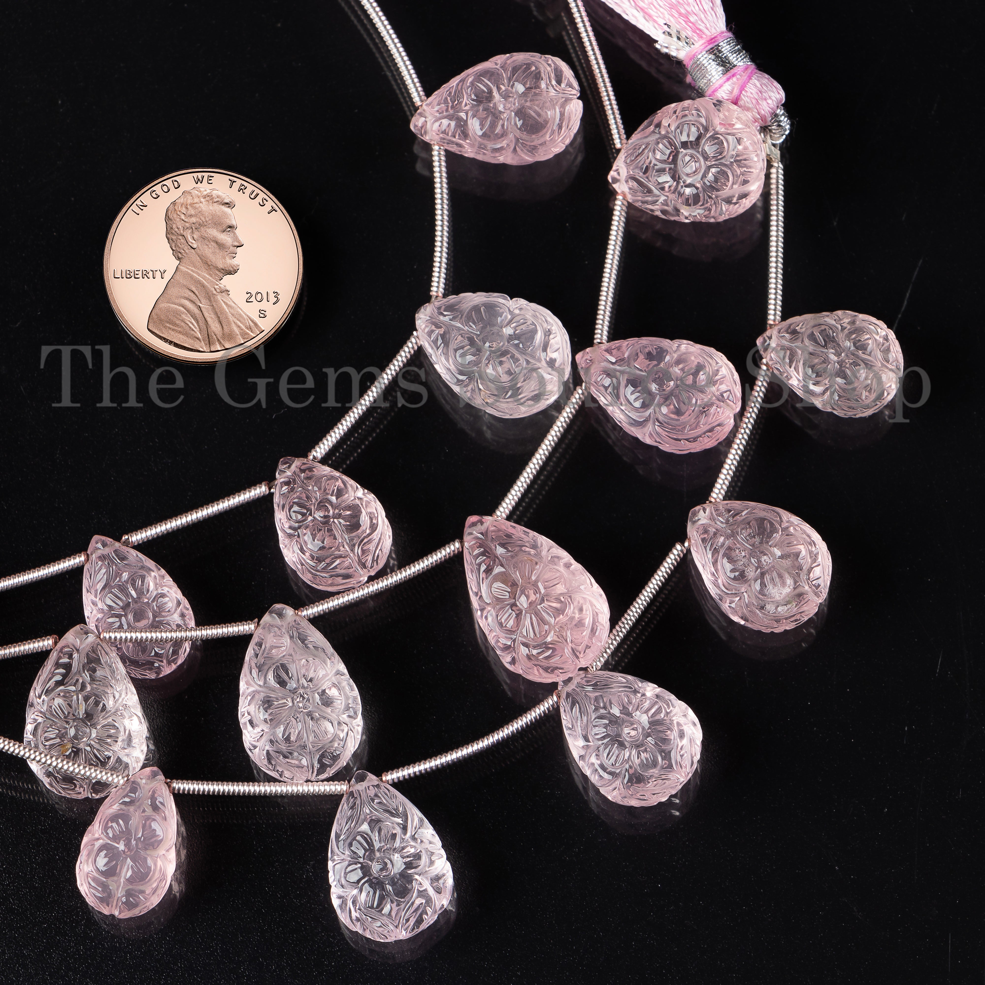 5pcs- Rose Quartz Flower Carved Pear Shape 8.5x12-11x15mm Gemstone Beads 4" Strand