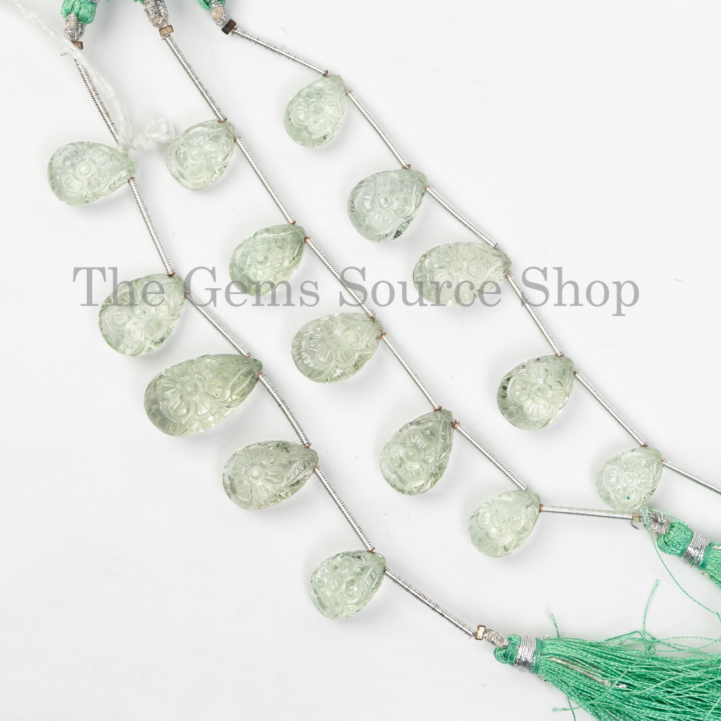 5Pcs-Green Amethyst Flower Carved Pear Shape 10x14-12x16mm Gemstone Beads 4" Strand