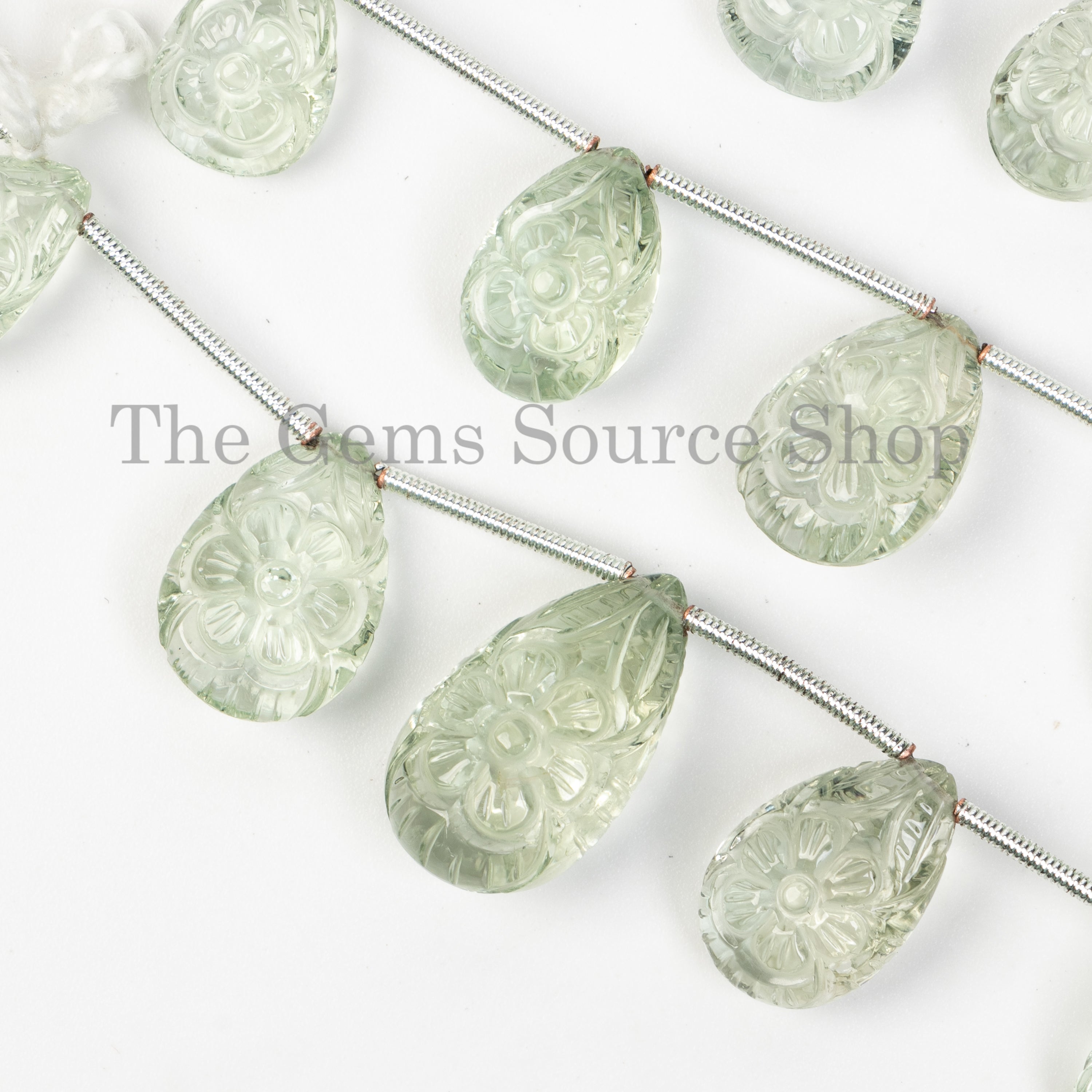 5Pcs-Green Amethyst Flower Carved Pear Shape 10x14-12x16mm Gemstone Beads 4" Strand