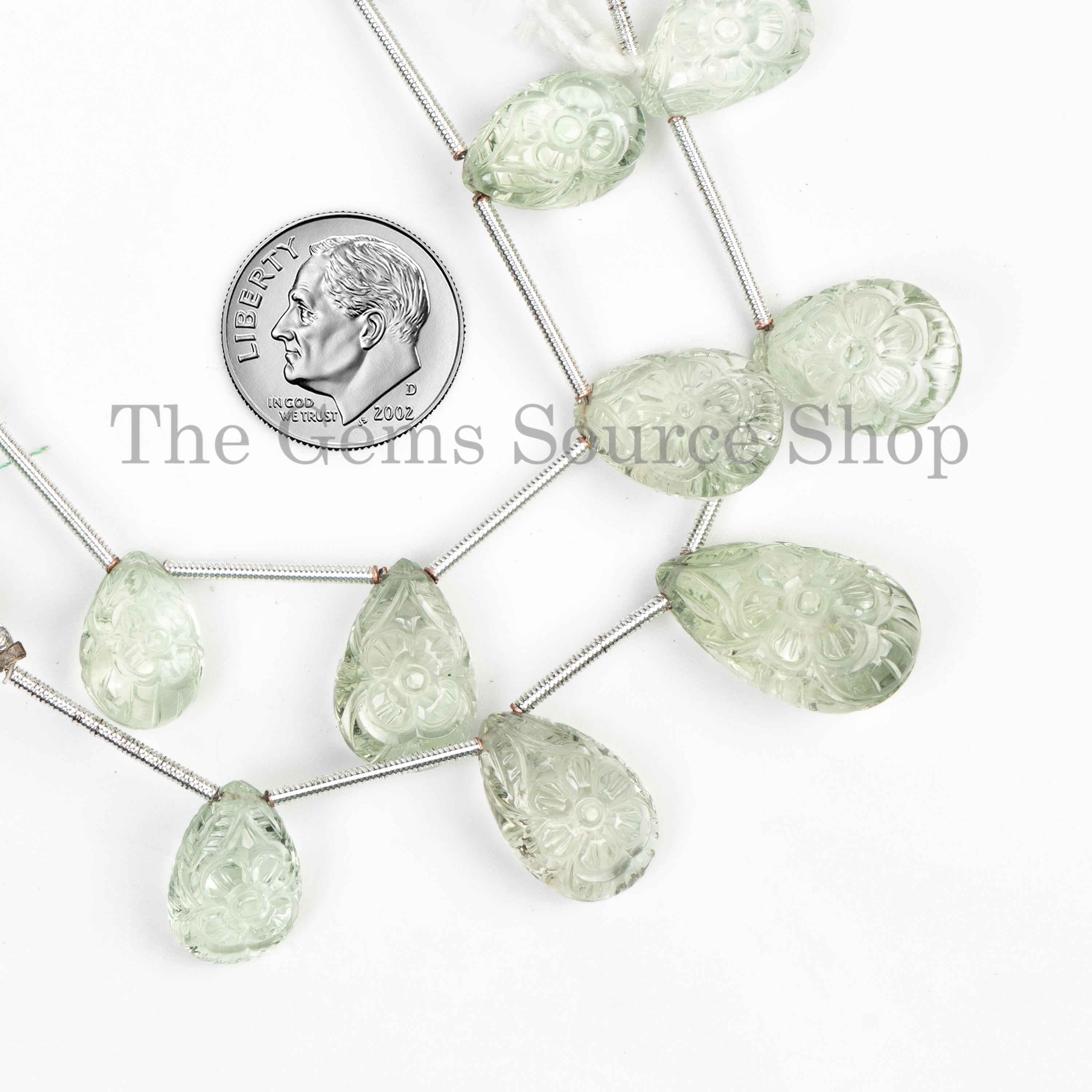 5Pcs-Green Amethyst Flower Carved Pear Shape 10x14-12x16mm Gemstone Beads 4" Strand