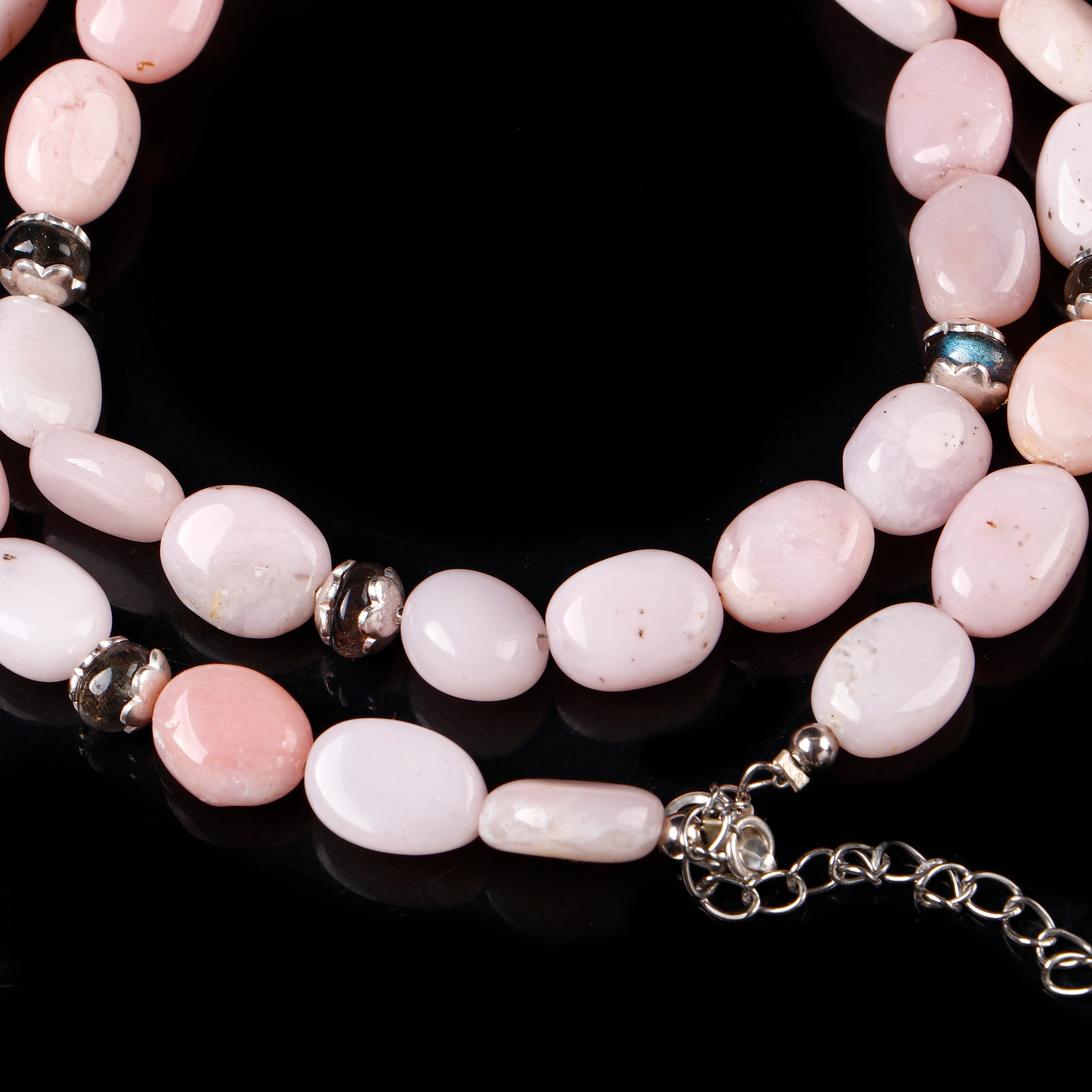 Natural Pink Opal Beaded Necklace- 925 Silver Jewelry Gift for Her- Bohochic Look