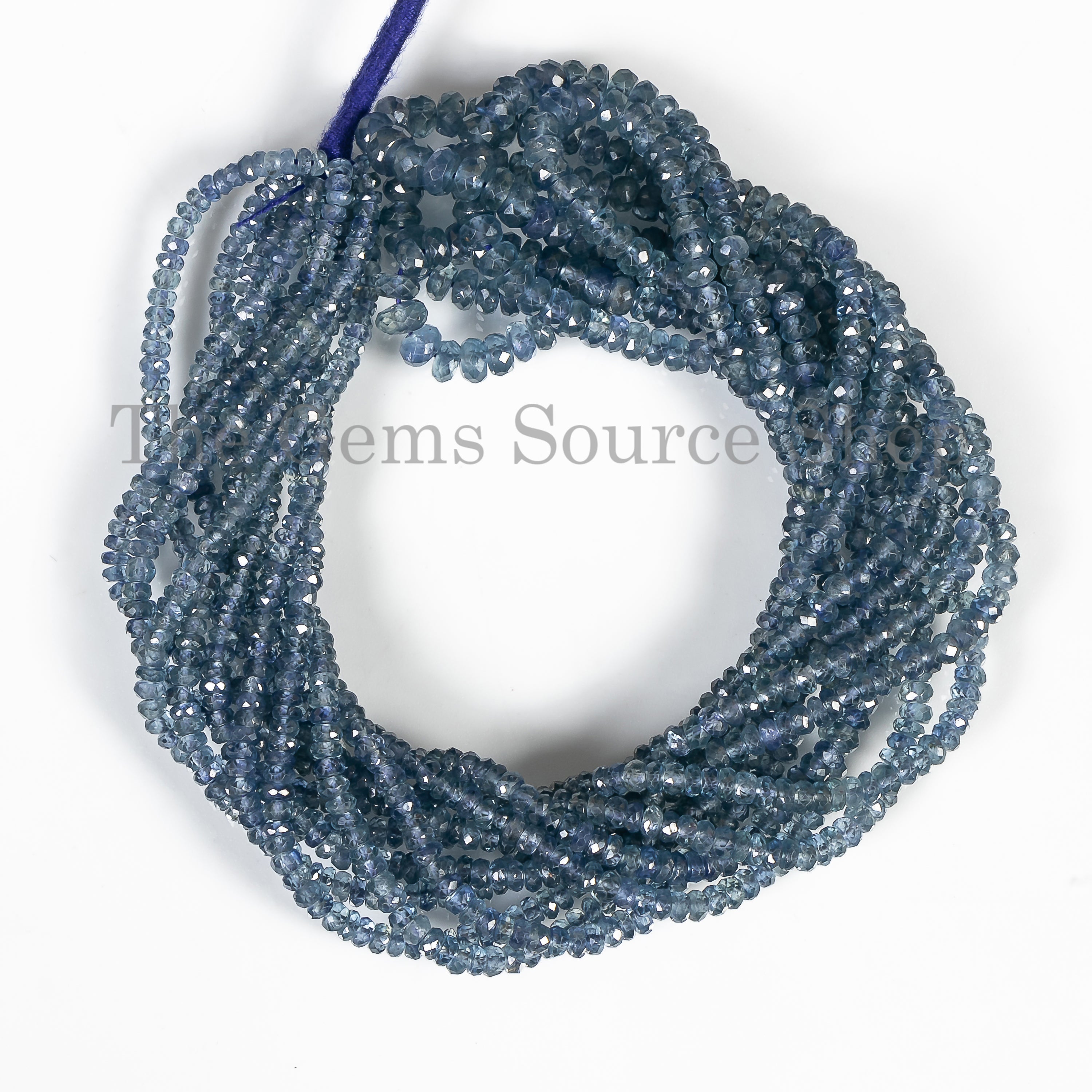 Blue Sapphire Faceted Rondelle Shape Center Drilled Gemstone Beads Strand- 3-4.5mm-17"