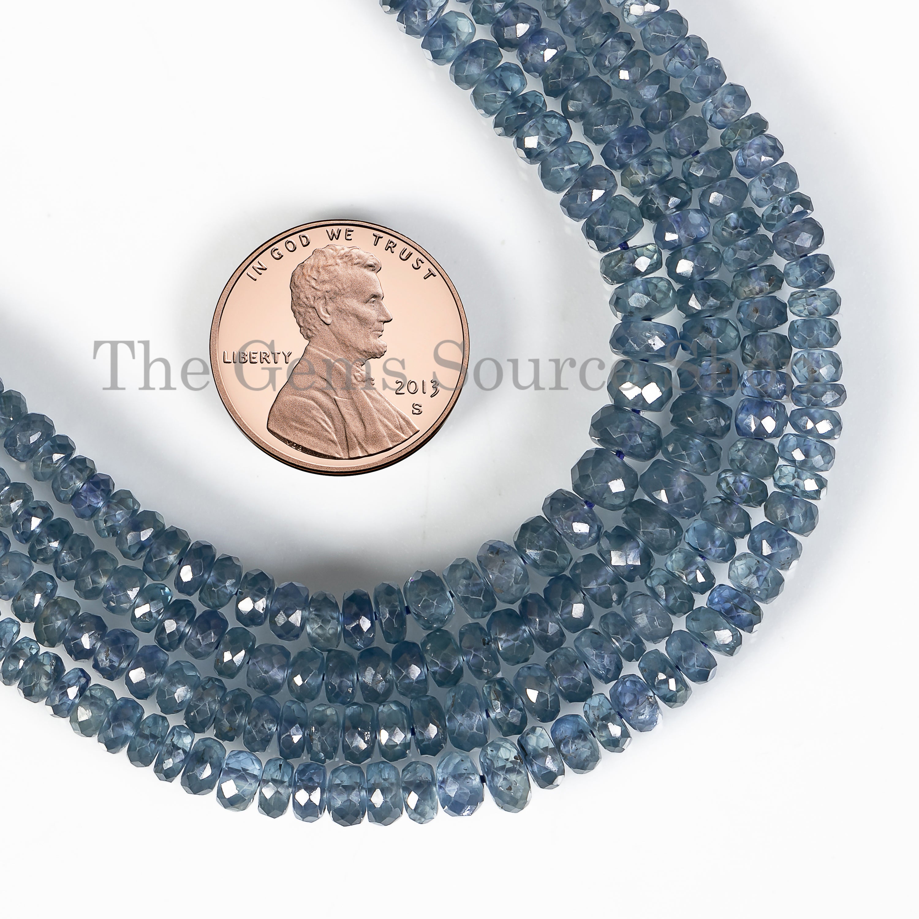 Blue Sapphire Faceted Rondelle Shape Center Drilled Gemstone Beads Strand- 3-4.5mm-17"