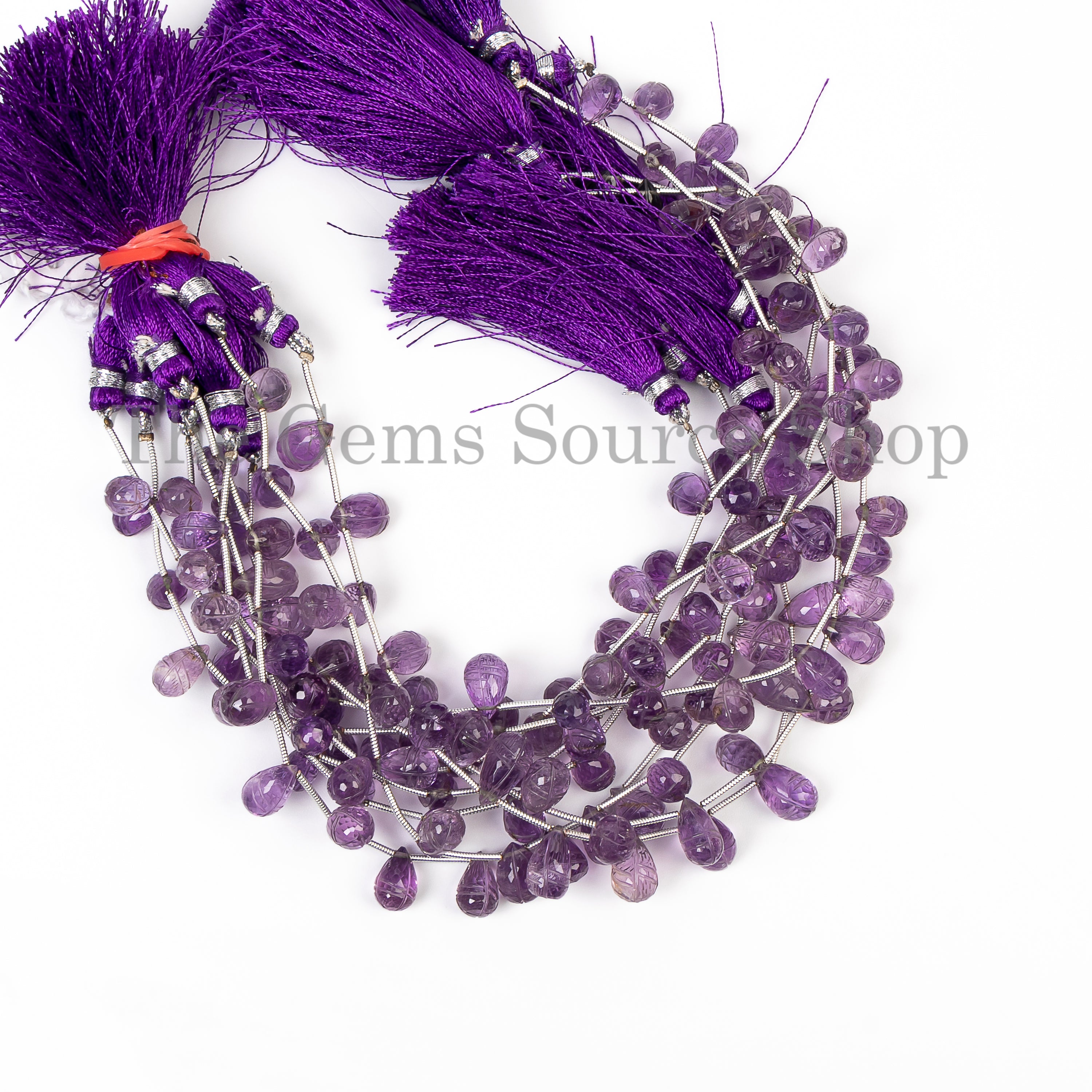 Carved Genuine Purple Amethyst Drop Shape Bulk Gemstone Beads Strand- 7"-7x10-7x11.5mm