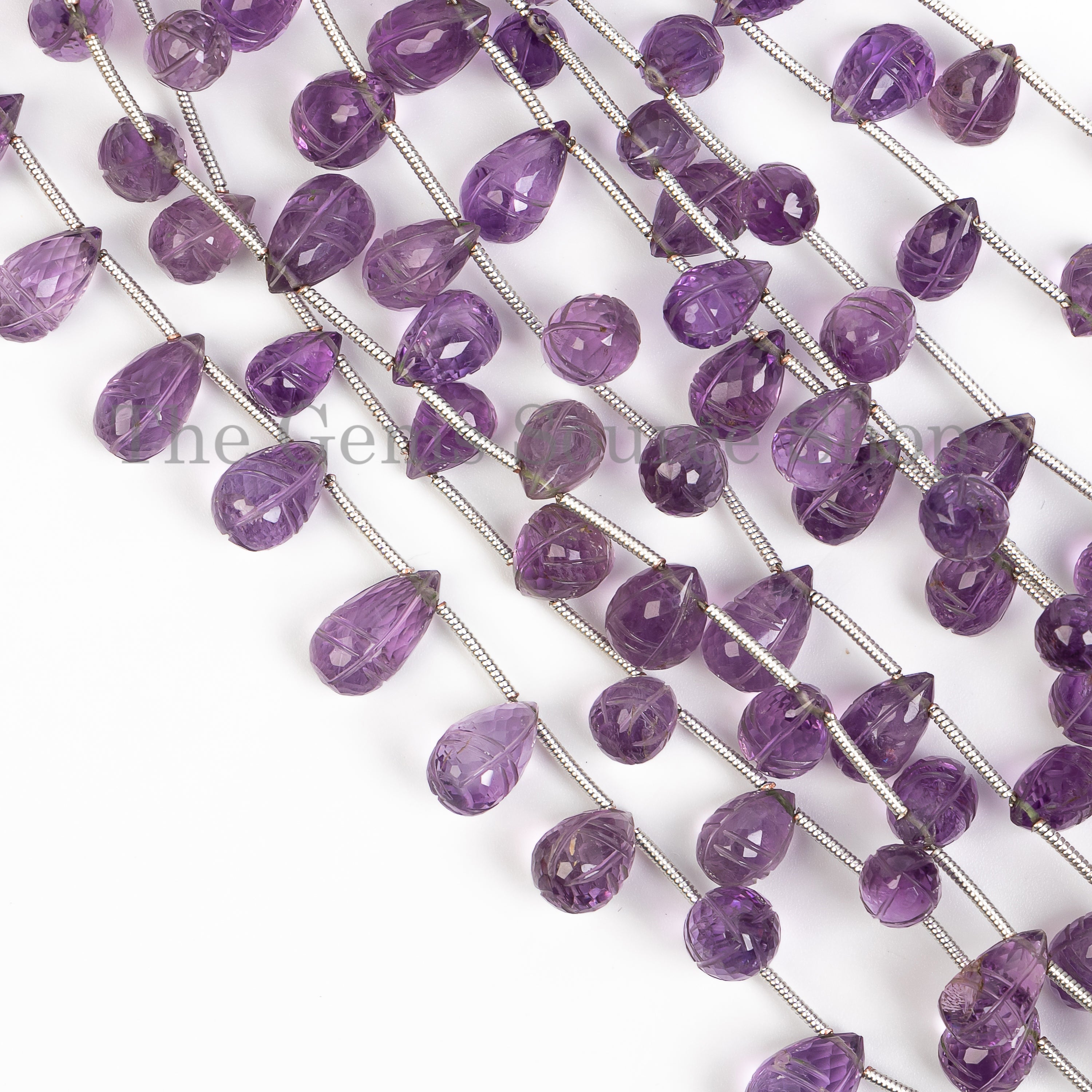 Carved Genuine Purple Amethyst Drop Shape Bulk Gemstone Beads Strand- 7"-7x10-7x11.5mm