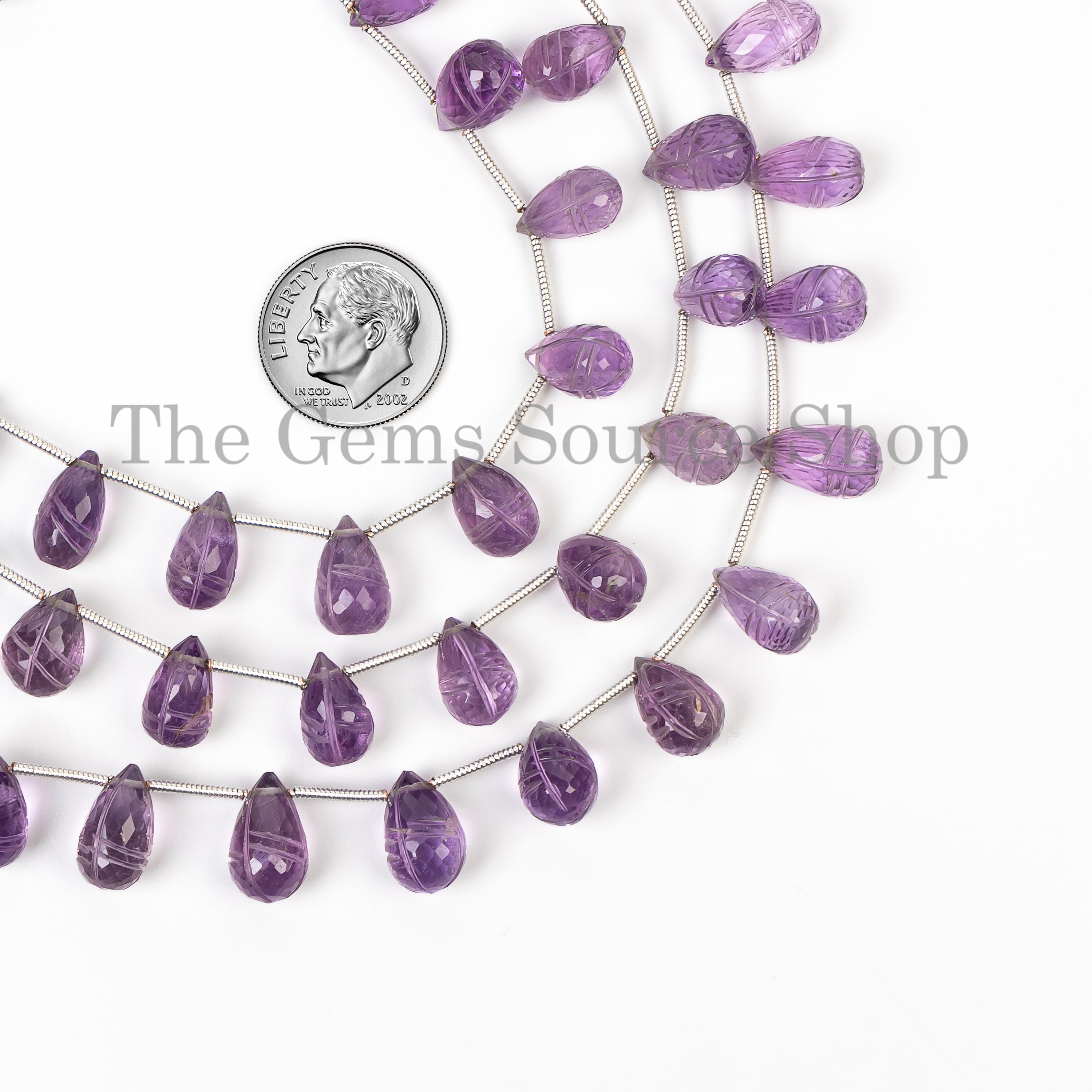 Carved Genuine Purple Amethyst Drop Shape Bulk Gemstone Beads Strand- 7"-7x10-7x11.5mm