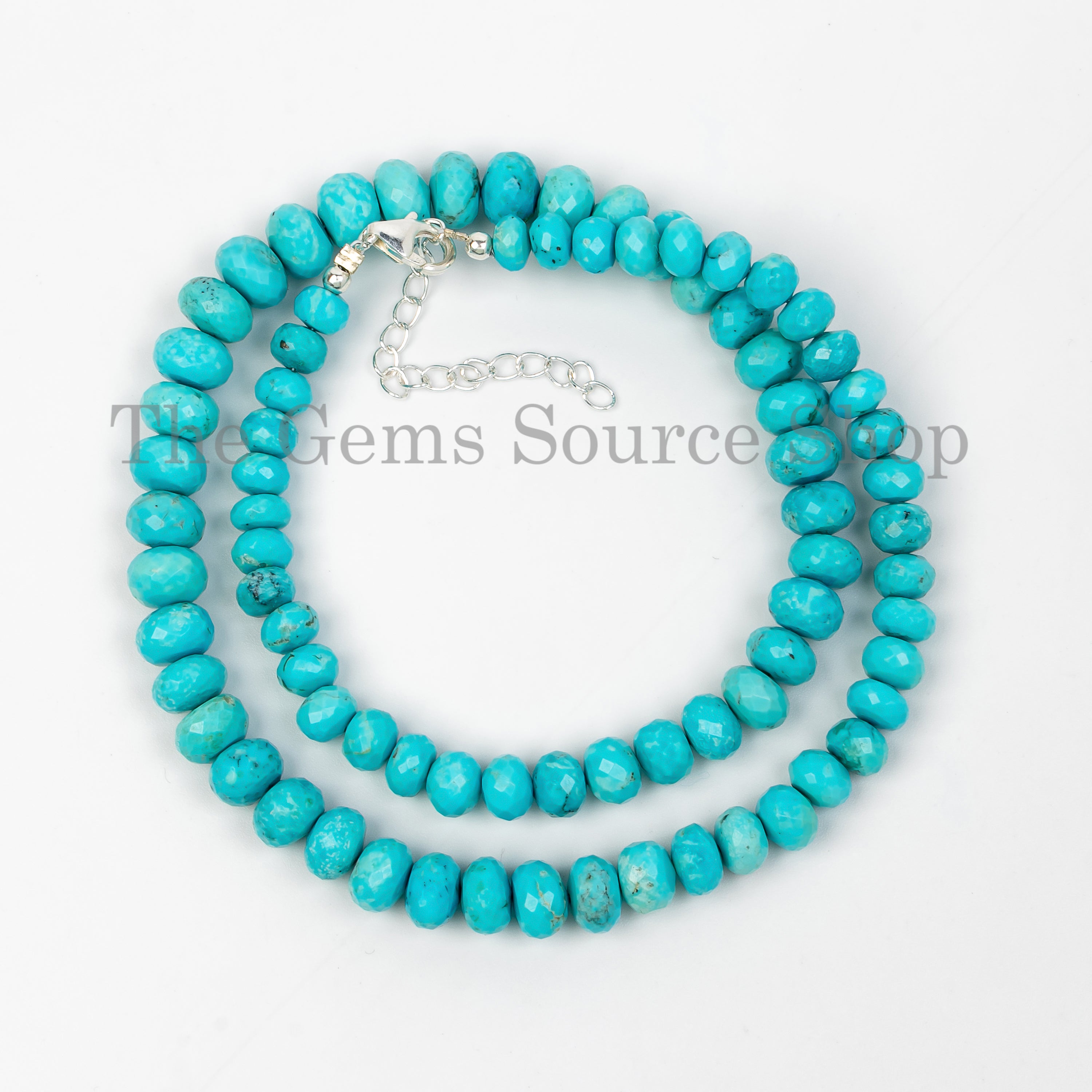 17" Genuine Turquoise Faceted Rondelle Beaded Handcrafted Necklace with 925 Silver Hook