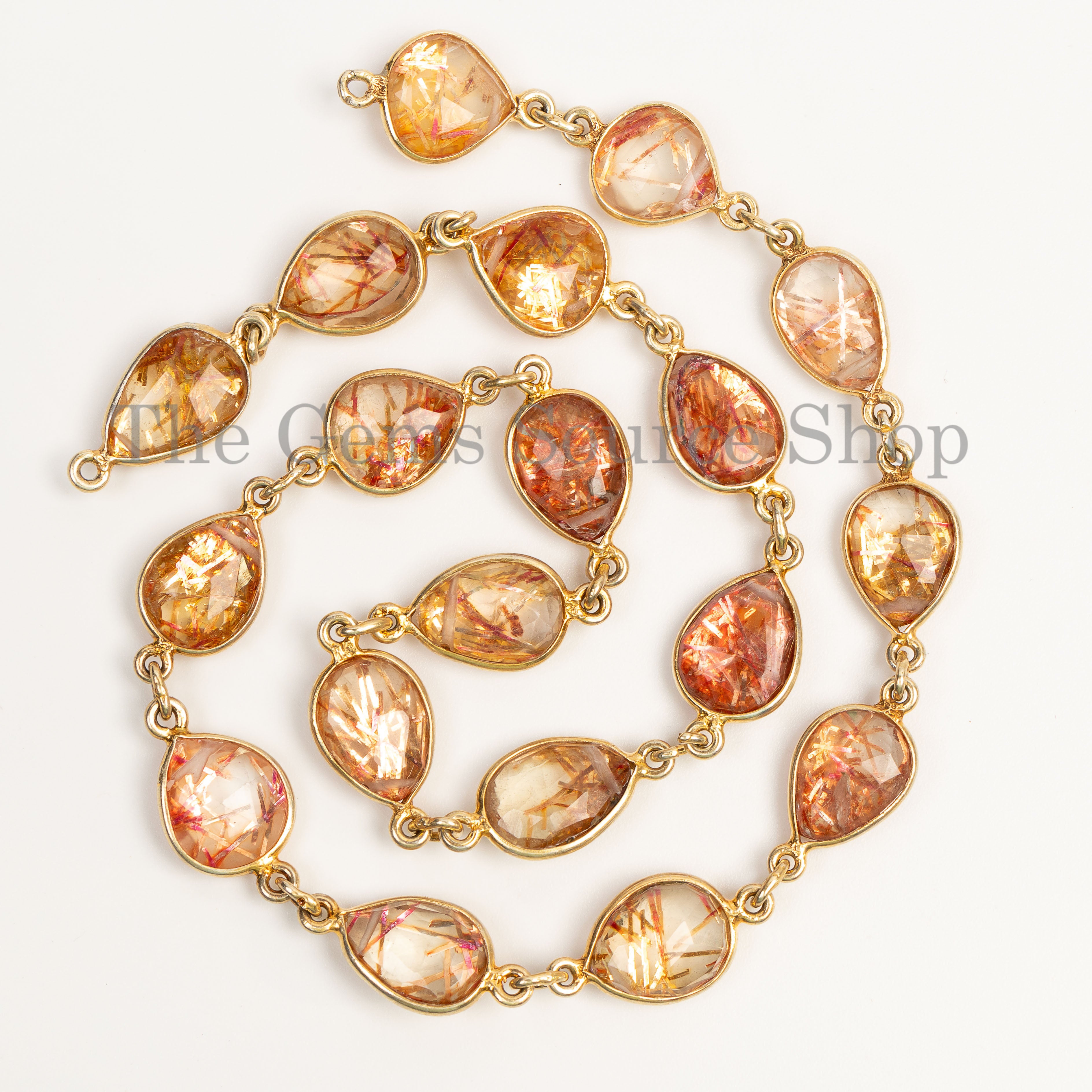 9x11mm Natural Golden Rutile Pear Shape Beads in 925 Silver Bezel for Jewelry-14" Strand