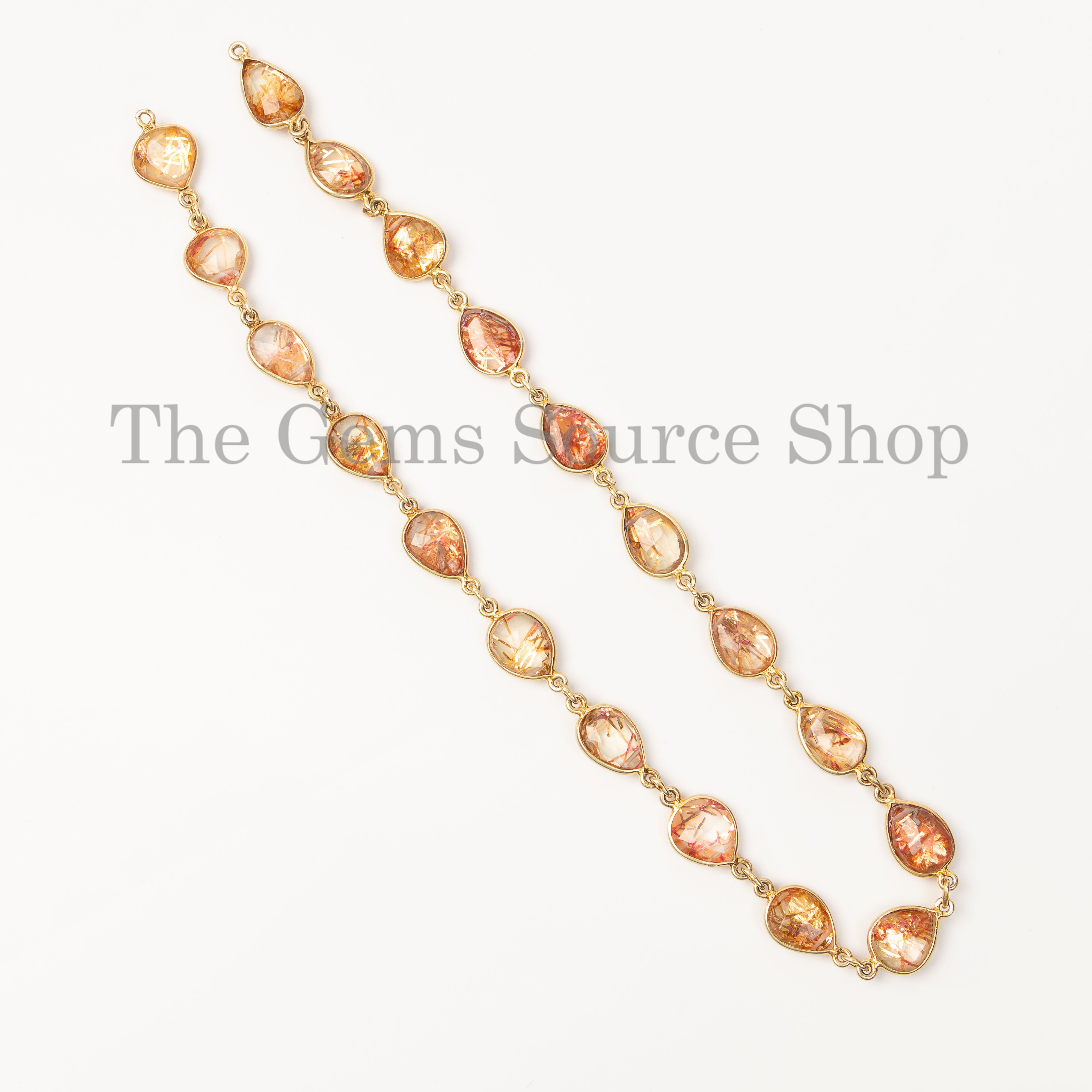 9x11mm Natural Golden Rutile Pear Shape Beads in 925 Silver Bezel for Jewelry-14" Strand