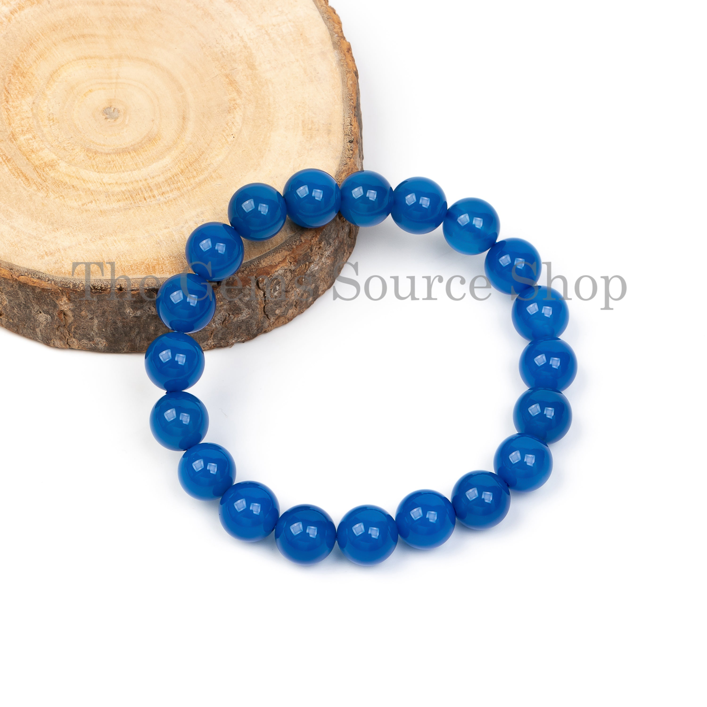 Natural Blue Agate Beaded Bracelet- Unisex Healing Gemstones Hand Jewelry TO GIFT