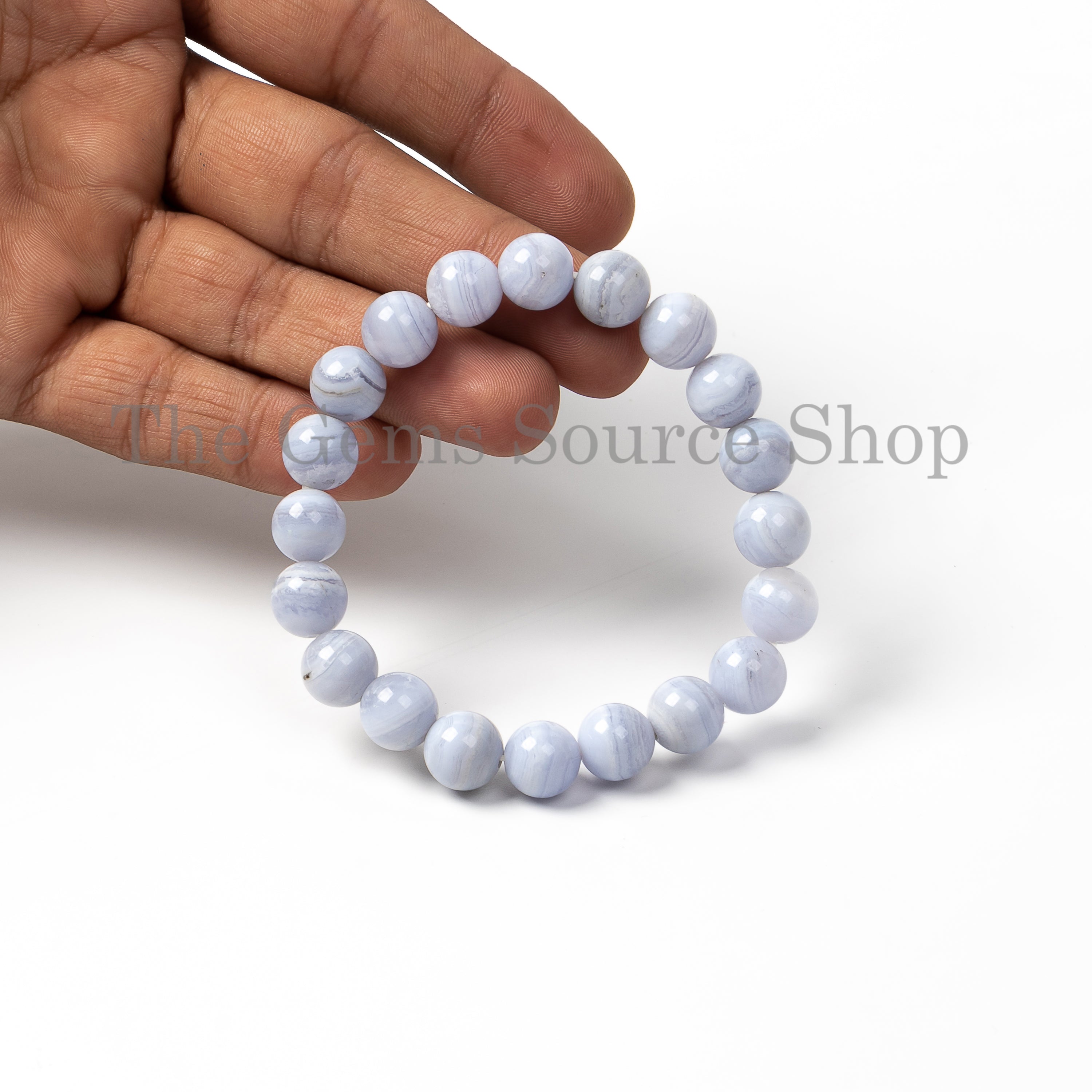 Handcrafted Blue Lace Agate Gemstone Beaded Stretchable Bracelet- Unisex Hand Jewelry