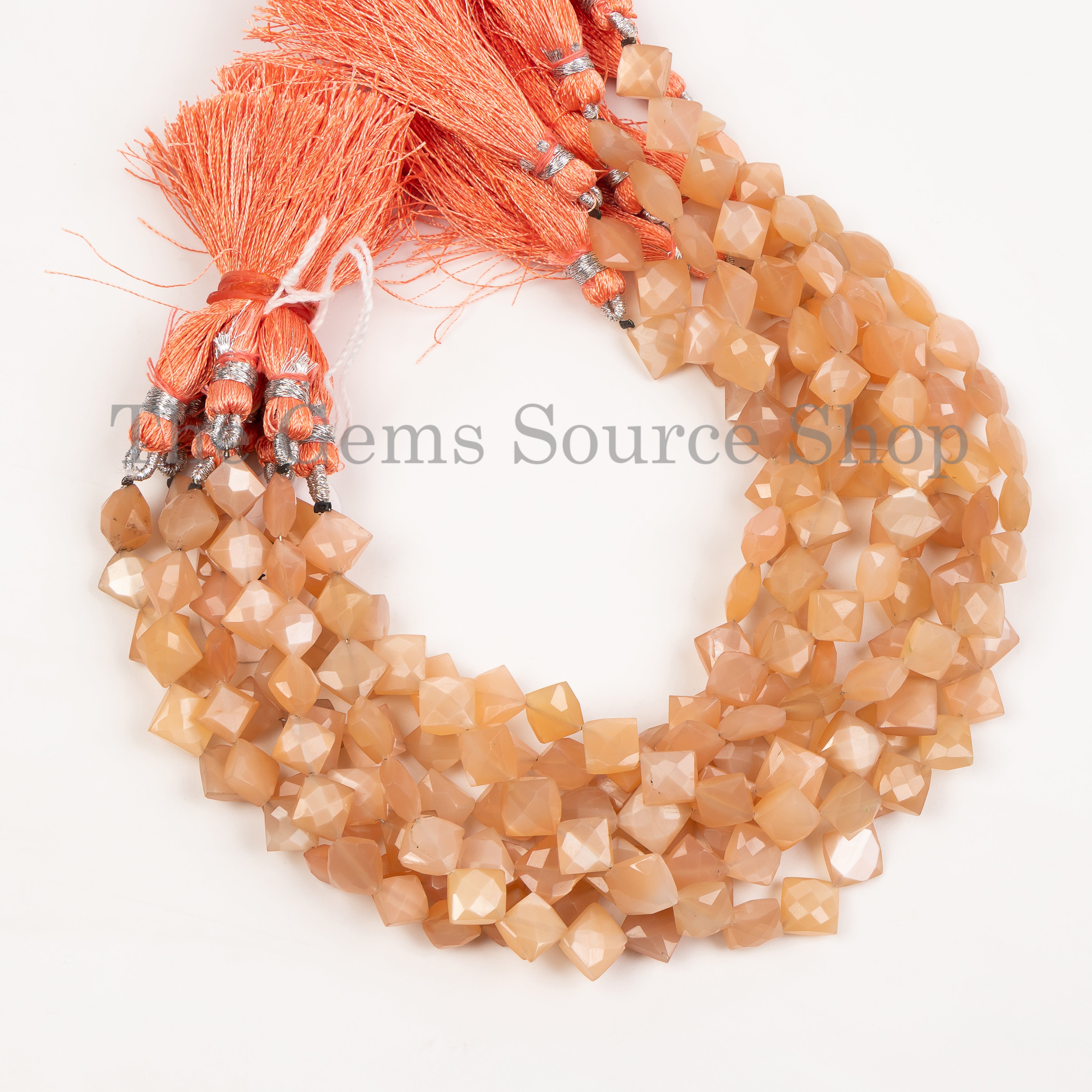 7-8mm-8" Peach Moonstone Square Shape Faceted Wholesale Beads Strand for Jewelry