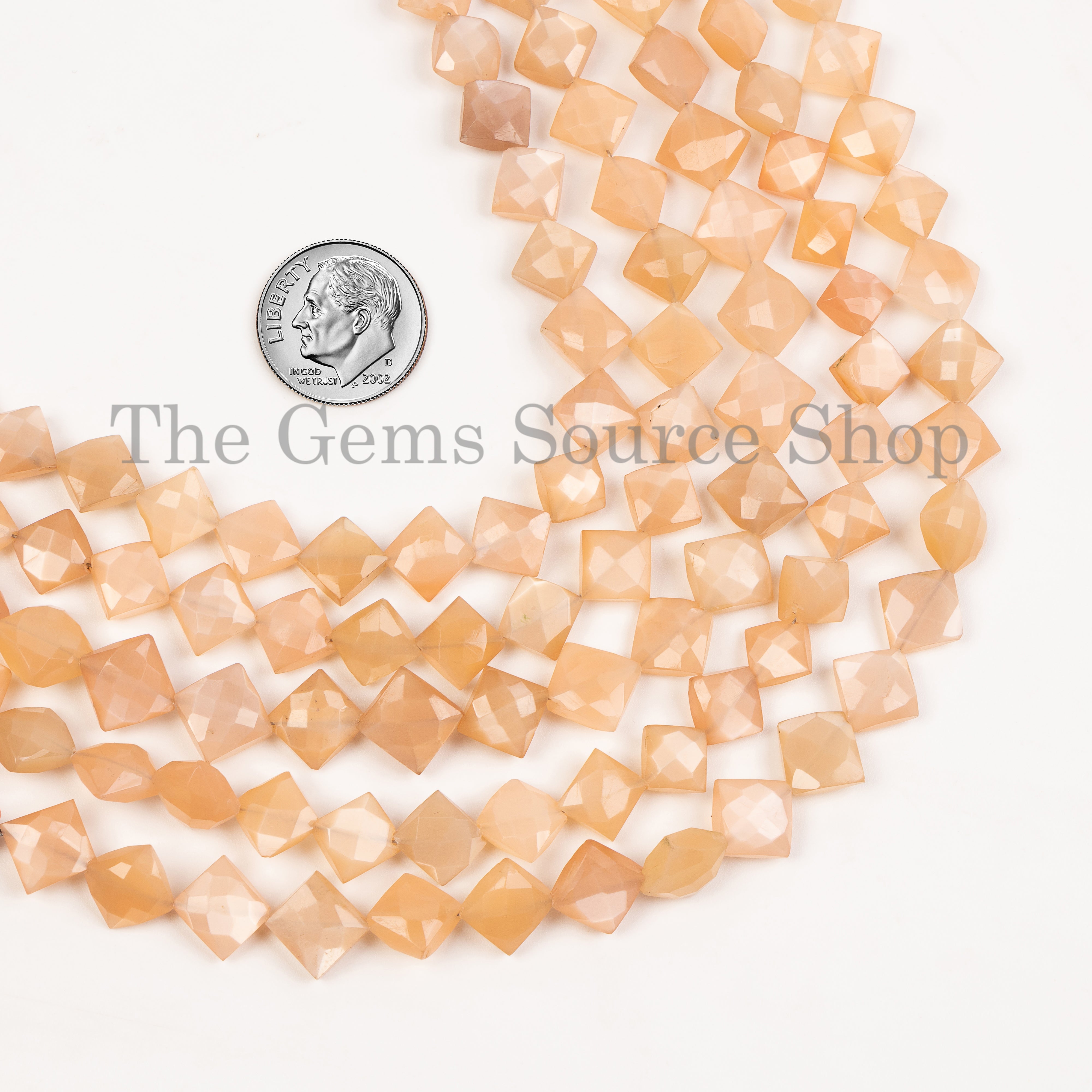 7-8mm-8" Peach Moonstone Square Shape Faceted Wholesale Beads Strand for Jewelry