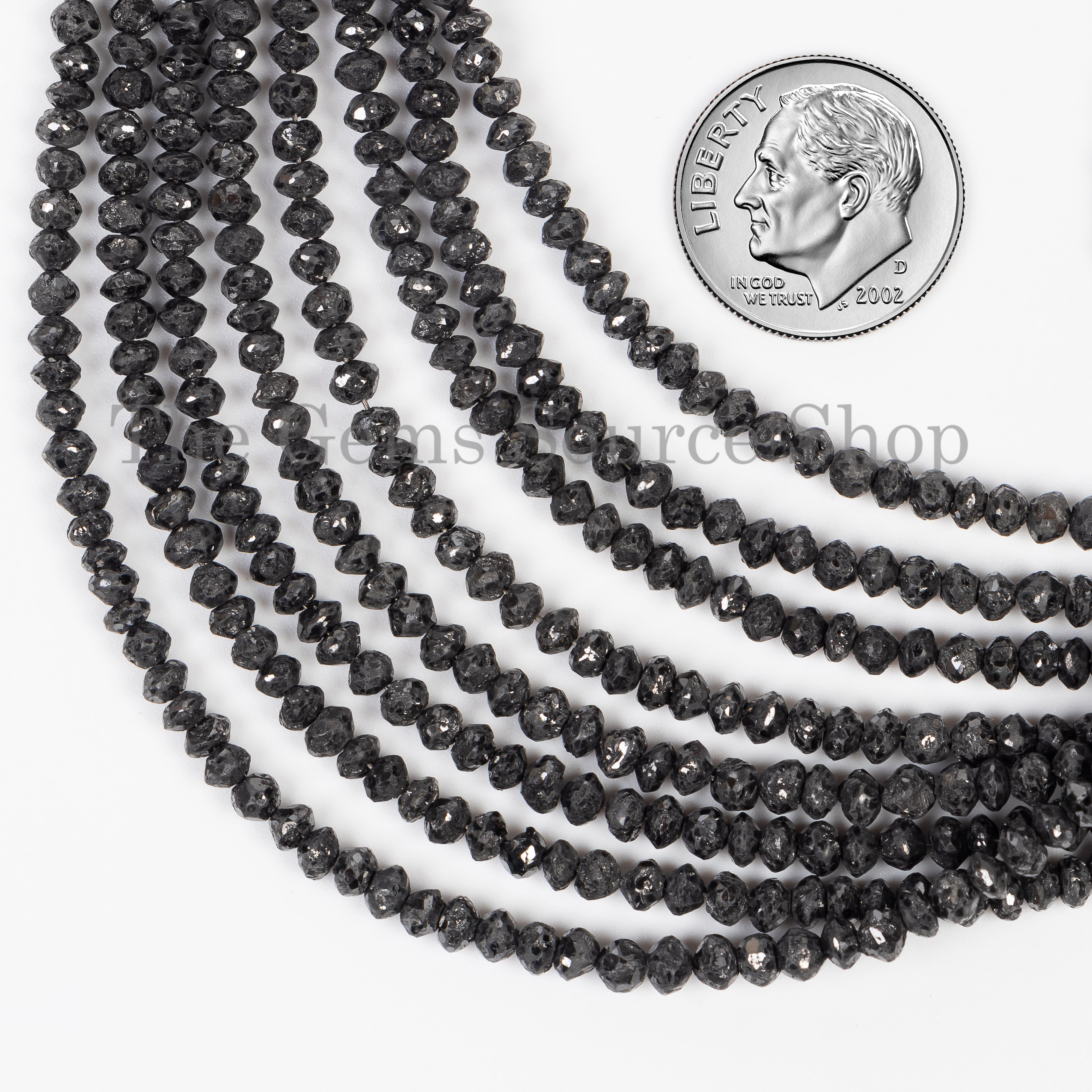 Rondelle Shape Faceted Natural Black Diamond Center Drilled Bulk Beads Strand- 2-3.5mm-15"