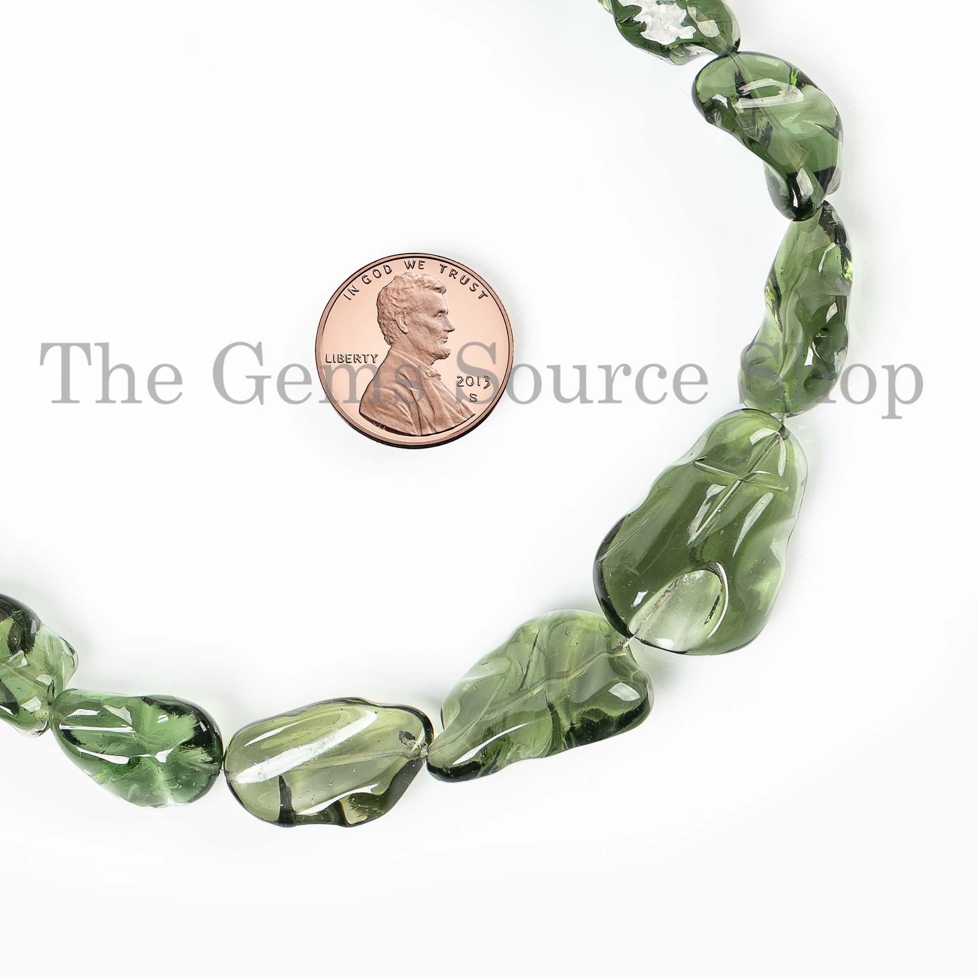 Natural Moldavite  Smooth Nugget Beaded Necklace- Women Gemstone Jewelry-18"